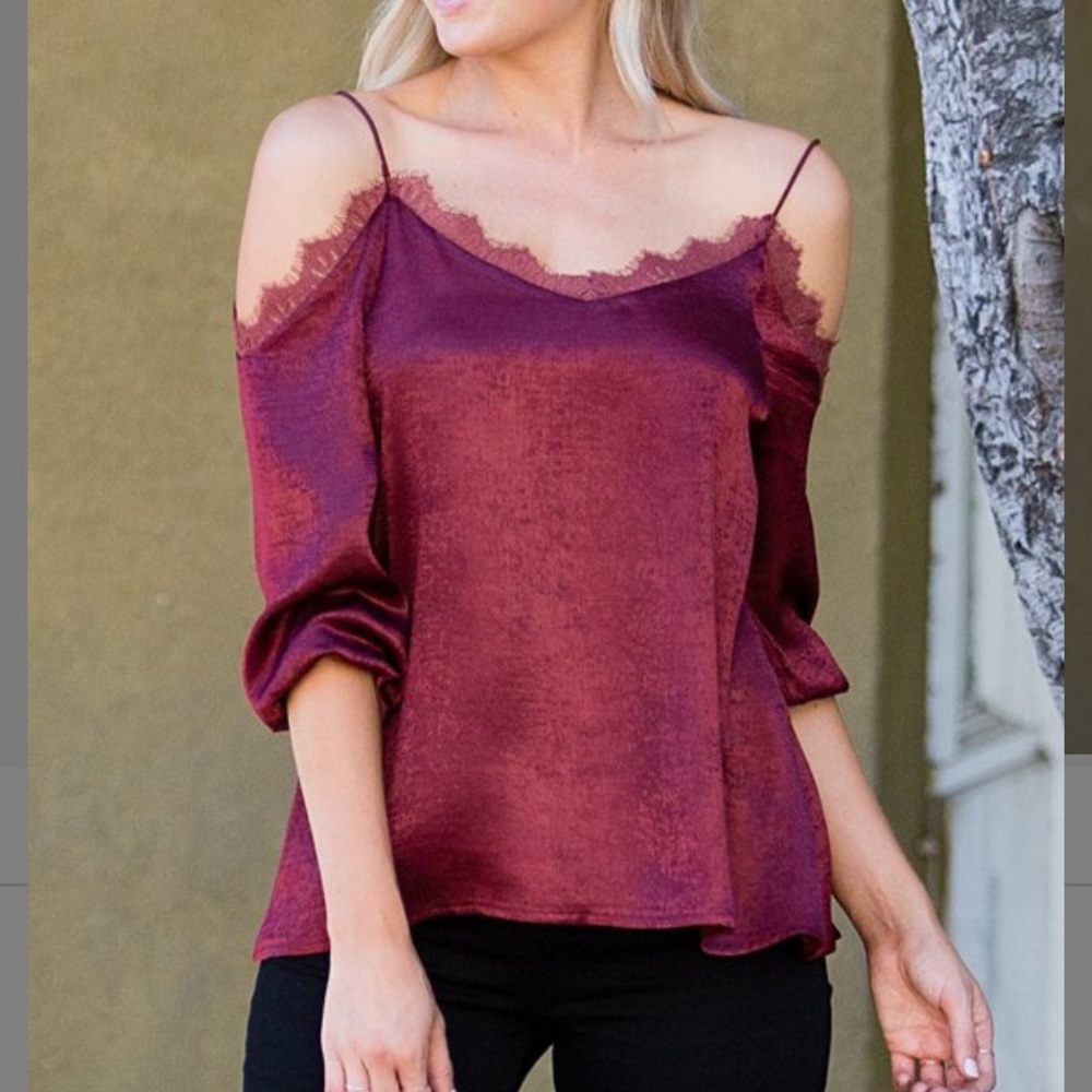 Wine 3/4 Sleeve Lace-Trim Cutout Top, S